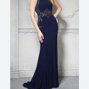Navy Embellished Halter-Style Evening Gown